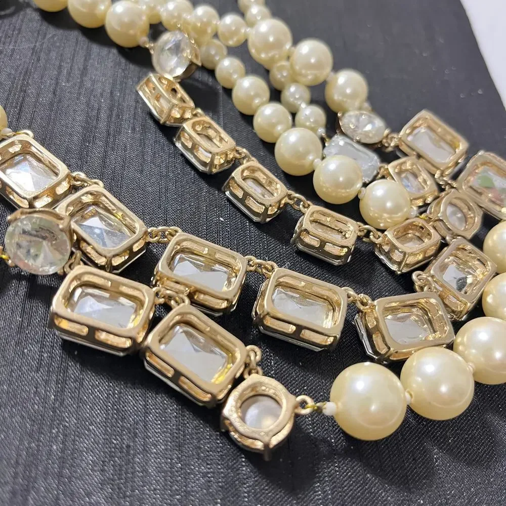 3 Strand Faux Pearl & Fauceted Rhinestones Rectangle & Round White 20-22 Inches